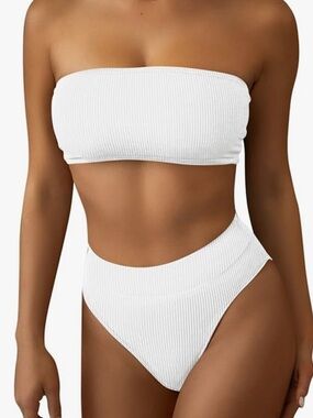 NWOT Ribbed High-Waist Bandeau Bikini Set - White Large